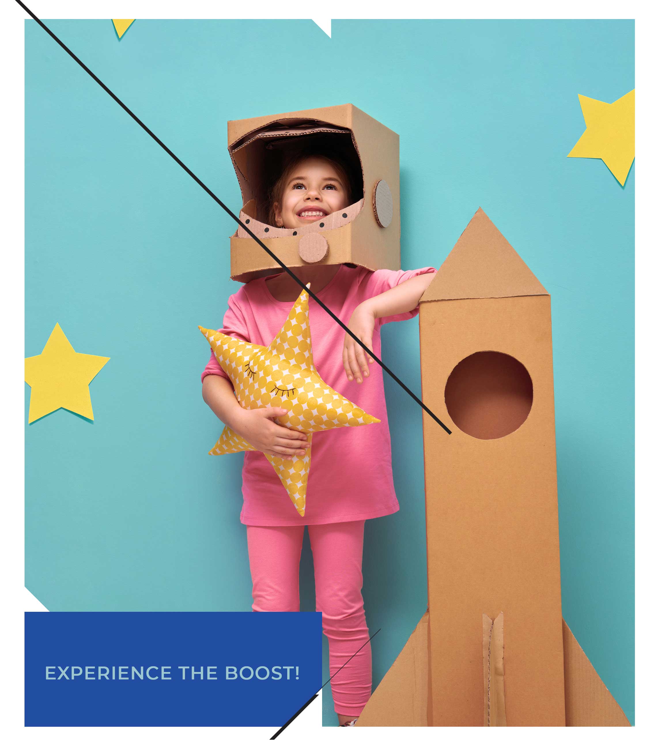 experience the boost: child with cardboard astronaut helmet