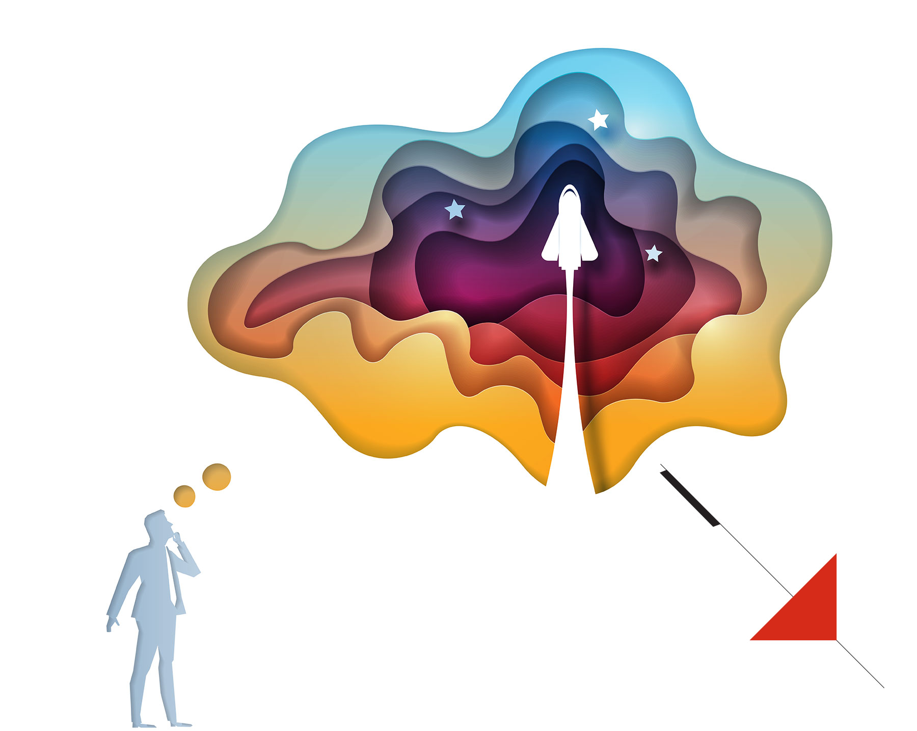 paper art business person with launching think bubble